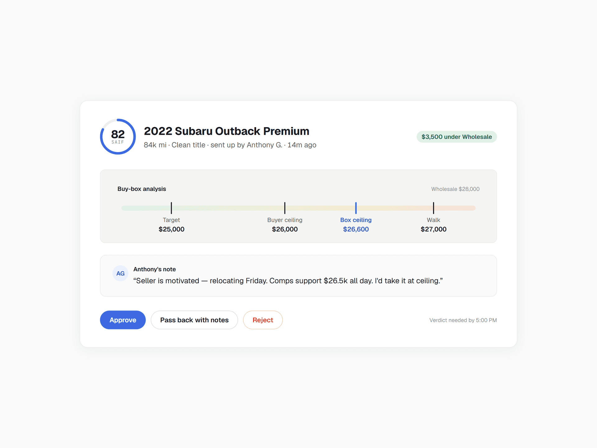Manager approvals queue with one-click verdicts
